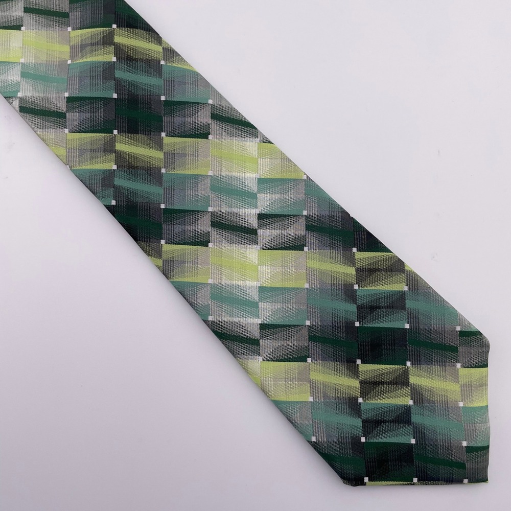 Bespoke New York Geometric Pattern Silk Blend Men's Necktie Green Gray Yellow